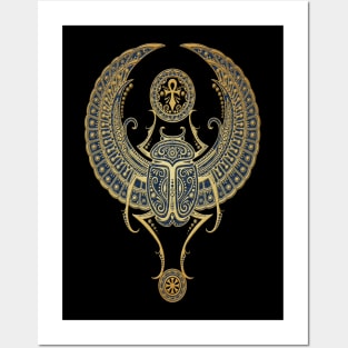 Golden Blue Winged Egyptian Scarab Beetle with Ankh Posters and Art